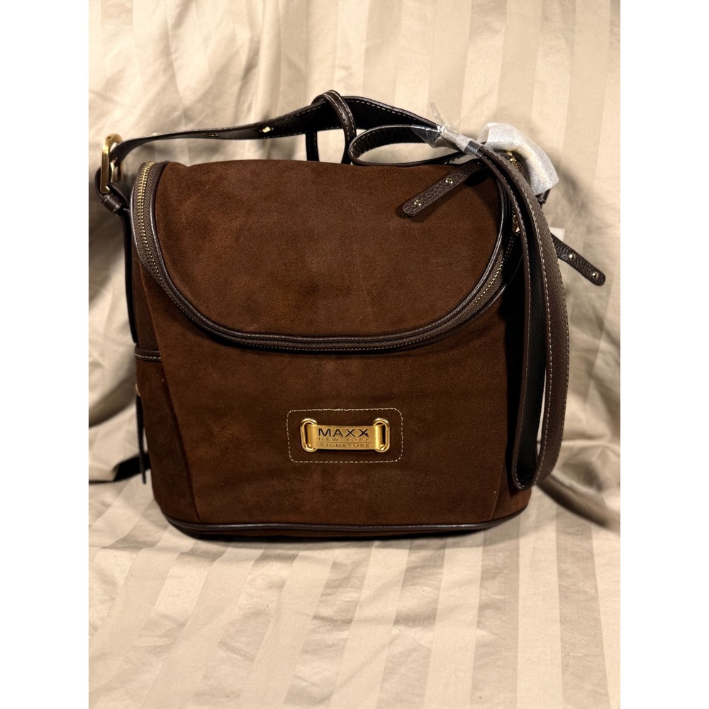 Maxx New York Signature Brown Suede Leather Crossbody Bag with Pouch NWT
